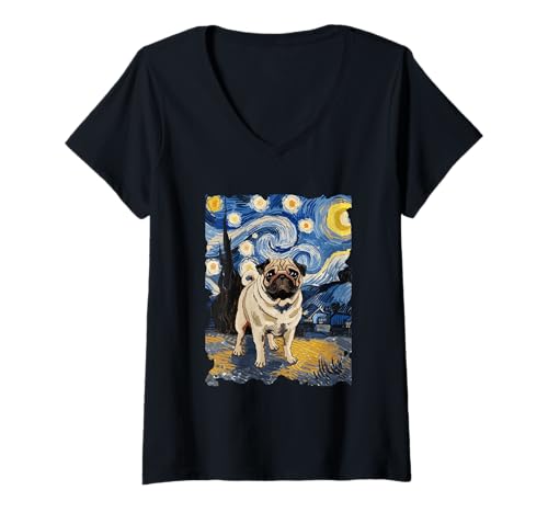 Damen Mops Sternennacht - Lustiges Van Gogh Gemälde Hundeliebhaber T-Shirt mit V-Ausschnitt von Retro Starry Night Apparel Gifts
