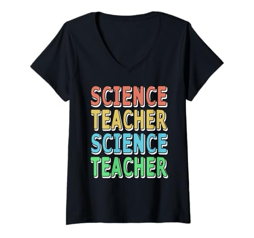 Damen Farbenfroher Wiederholter Wissenschaftslehrer Spruch T-Shirt mit V-Ausschnitt Damen Farbenfroher Wiederholter Wissenschaftslehrer Spruch T-Shirt mit V-Ausschnitt von Retro Stil Wissenschaft Klassenraum Humor