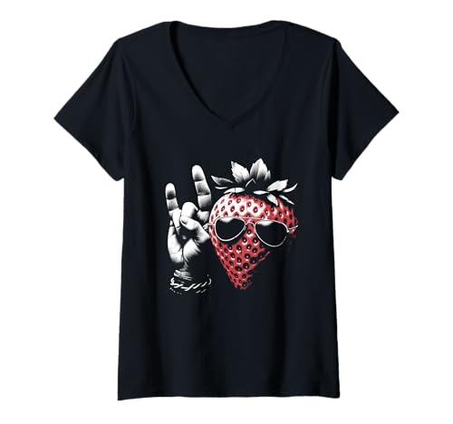 Damen Strawberry Rock 'n Roll Schild – Vintage Strawberry Lover T-Shirt mit V-Ausschnitt Damen Strawberry Rock 'n Roll Schild – Vintage Strawberry Lover T-Shirt mit V-Ausschnitt von Retro Strawberry Apparel Gifts
