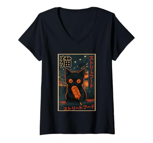 Damen Streetfood-Poster im Vintage-Stil, Motiv: Schwarze Katze isst Corndog T-Shirt mit V-Ausschnitt Damen Streetfood-Poster im Vintage-Stil, Motiv: Schwarze Katze isst Corndog T-Shirt mit V-Ausschnitt von Retro Street Cat Art
