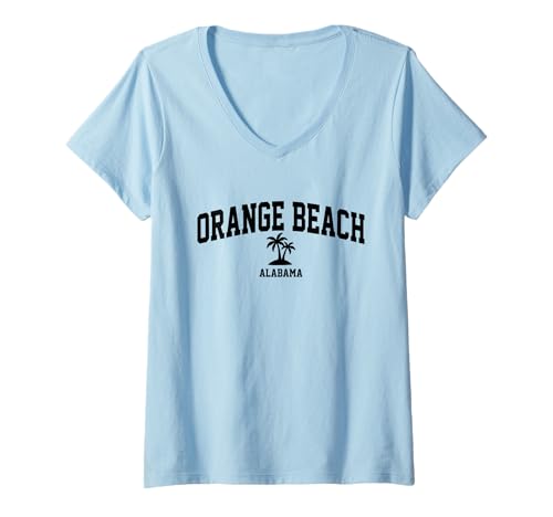 Damen Orange Beach Alabama Palmen Vintage Urlaub Souvenir T-Shirt mit V-Ausschnitt von Retro Style Beach Relax Arch Text Summer Design
