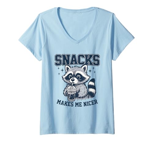 Damen „Snacks Macht Mich schöner“, niedlicher Waschbär, der Limonade trinkt, Grafik T-Shirt mit V-Ausschnitt von Retro Style Raccoon Illustration Snack Lover