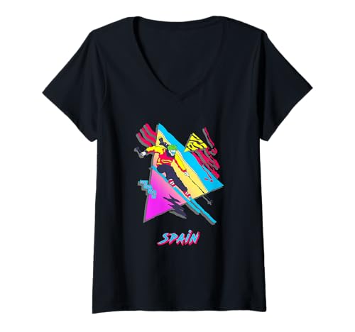 Damen Spanien Retro Skifahrer Ski Design T-Shirt mit V-Ausschnitt von Retro Style Skiing