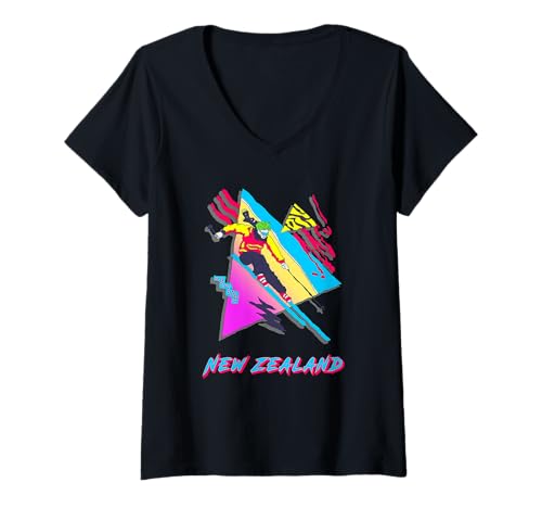 Damen Vibrant New Zealand Adventure Retro Style Ski Skifahrer T-Shirt mit V-Ausschnitt Damen Vibrant New Zealand Adventure Retro Style Ski Skifahrer T-Shirt mit V-Ausschnitt von Retro Style Skiing