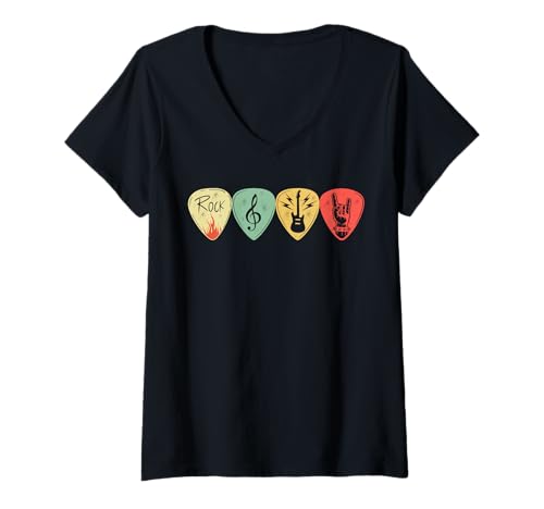 Damen Coole Vintage Rock Musik Gitarre Plektren Grafik Geschenke T-Shirt mit V-Ausschnitt von Retro Style Tees for Guitar Lovers & Musicians