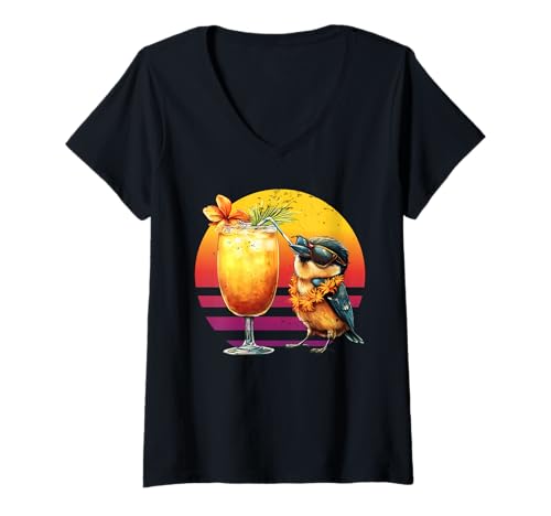 Damen Chickadee Trinking Cocktail Retro-Sommerurlaub T-Shirt mit V-Ausschnitt Damen Chickadee Trinking Cocktail Retro-Sommerurlaub T-Shirt mit V-Ausschnitt von Retro Summer Vibes Bird Hawaiian Designs