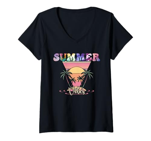 Damen Retro Summer Vibes Spring Break Sommer Familie Herren Damen Kinder T-Shirt mit V-Ausschnitt von Retro Summer Vibes Spring Break Summer 2025
