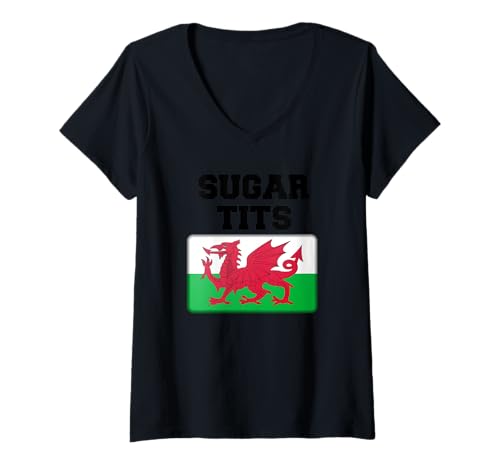 Damen Sugar Tits Funny Rugby Walisisch Spruch Red Dragon Flag of Wales T-Shirt mit V-Ausschnitt von Retro Sun Tees