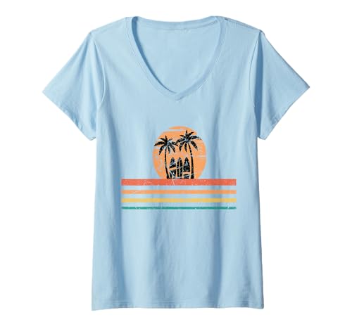Damen Retro 70er Jahre Sonnenuntergang Palmen Vintage Tropical Beach Grafik T-Shirt mit V-Ausschnitt von Retro Sunset Vintage Tropical Beach Graphic