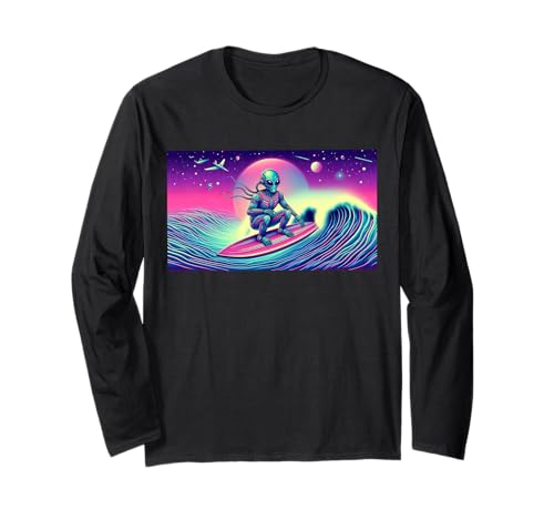 Aesthetic Alien Summer Space Surfer Retro Alien Surfen Herren Langarmshirt Aesthetic Alien Summer Space Surfer Retro Alien Surfen Herren Langarmshirt von Retro Sunset with Alien Surfing a Wave