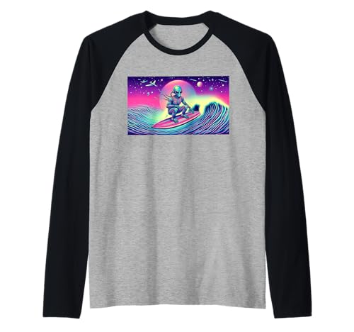Aesthetic Alien Summer Space Surfer Retro Alien Surfen Herren Raglan Aesthetic Alien Summer Space Surfer Retro Alien Surfen Herren Raglan von Retro Sunset with Alien Surfing a Wave