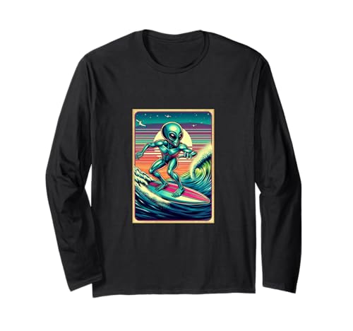 Aesthetic Alien Summer Surfer Retro Alien Surfen Herren Langarmshirt Aesthetic Alien Summer Surfer Retro Alien Surfen Herren Langarmshirt von Retro Sunset with Alien Surfing a Wave
