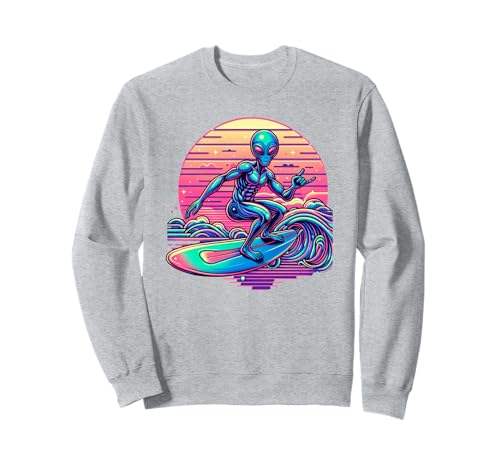 Aesthetic Alien Summer Surfer Retro Alien Surfen Herren Sweatshirt Aesthetic Alien Summer Surfer Retro Alien Surfen Herren Sweatshirt von Retro Sunset with Alien Surfing a Wave