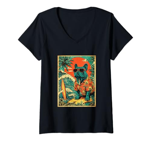 Damen Boston Terrier Hund Surfer Hawaii Retro Sonnenuntergang Strand Sommer T-Shirt mit V-Ausschnitt Damen Boston Terrier Hund Surfer Hawaii Retro Sonnenuntergang Strand Sommer T-Shirt mit V-Ausschnitt von Retro Surfer Animals with Sunglasses Gifts