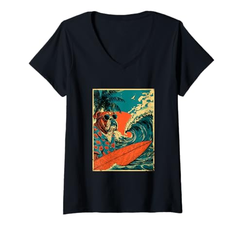 Damen Bulldogge Surfer Hund Surfen Hawaii Sonnenuntergang Strand Sommer T-Shirt mit V-Ausschnitt von Retro Surfer Animals with Sunglasses Gifts