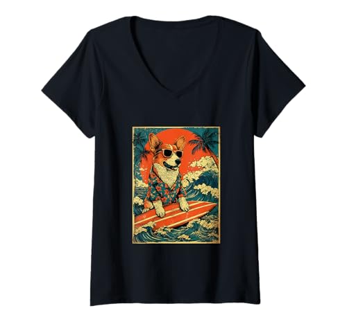 Damen Corgi Surfer Hund Surfen Hawaii Retro Sonnenuntergang Strand Sommer T-Shirt mit V-Ausschnitt Damen Corgi Surfer Hund Surfen Hawaii Retro Sonnenuntergang Strand Sommer T-Shirt mit V-Ausschnitt von Retro Surfer Animals with Sunglasses Gifts