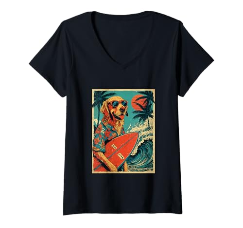 Damen Golden Retriever Surfer Hund Hawaii Sonnenuntergang Strand Sommer T-Shirt mit V-Ausschnitt Damen Golden Retriever Surfer Hund Hawaii Sonnenuntergang Strand Sommer T-Shirt mit V-Ausschnitt von Retro Surfer Animals with Sunglasses Gifts