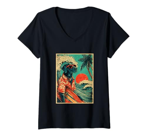 Damen Hund Surfer Labrador Surfen Hawaii Sonnenuntergang Strand Sommer T-Shirt mit V-Ausschnitt von Retro Surfer Animals with Sunglasses Gifts