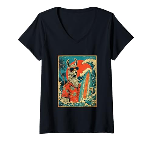 Damen Lama Surfer Tier Surfen Hawaii Strand Sonnenuntergang Sommer T-Shirt mit V-Ausschnitt Damen Lama Surfer Tier Surfen Hawaii Strand Sonnenuntergang Sommer T-Shirt mit V-Ausschnitt von Retro Surfer Animals with Sunglasses Gifts