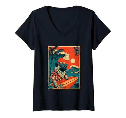 Damen Mops Surfer Hund Surfen Hawaii Sonnenuntergang Strand Sommer T-Shirt mit V-Ausschnitt von Retro Surfer Animals with Sunglasses Gifts