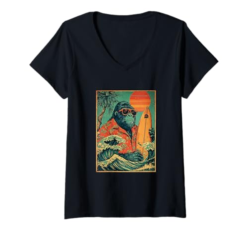 Damen Retro Gorilla Surfer Hawaii Tier Surfen Strand Sommer T-Shirt mit V-Ausschnitt Damen Retro Gorilla Surfer Hawaii Tier Surfen Strand Sommer T-Shirt mit V-Ausschnitt von Retro Surfer Animals with Sunglasses Gifts