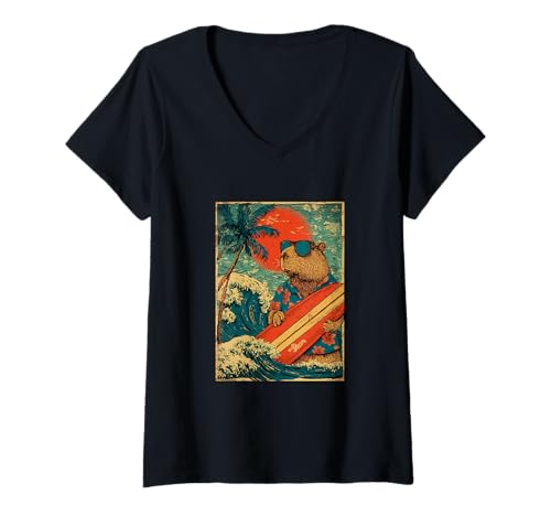 Damen Retro Surfen Capybara Hawaii Vintage Strand Sommer Surfer T-Shirt mit V-Ausschnitt Damen Retro Surfen Capybara Hawaii Vintage Strand Sommer Surfer T-Shirt mit V-Ausschnitt von Retro Surfer Animals with Sunglasses Gifts