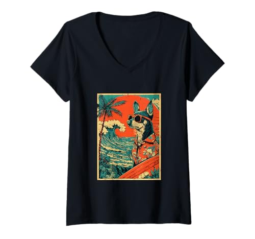 Damen Retro Surfen Chihuahua Surfer Hund Hawaii Strand Sommer T-Shirt mit V-Ausschnitt Damen Retro Surfen Chihuahua Surfer Hund Hawaii Strand Sommer T-Shirt mit V-Ausschnitt von Retro Surfer Animals with Sunglasses Gifts