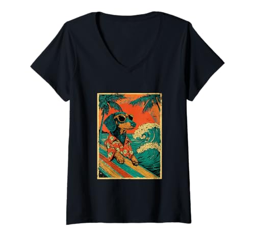 Damen Retro Surfen Dackel Surfer Hund Hawaii Strand Sommer T-Shirt mit V-Ausschnitt Damen Retro Surfen Dackel Surfer Hund Hawaii Strand Sommer T-Shirt mit V-Ausschnitt von Retro Surfer Animals with Sunglasses Gifts