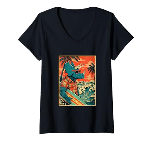 Damen Retro Surfen Dinosaurier Hawaii Sommer Triceratops Surfer T-Shirt mit V-Ausschnitt Damen Retro Surfen Dinosaurier Hawaii Sommer Triceratops Surfer T-Shirt mit V-Ausschnitt von Retro Surfer Animals with Sunglasses Gifts