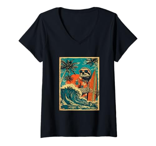 Damen Retro Surfen Faultier Surfer Hawaii Vintage Strand Sommer T-Shirt mit V-Ausschnitt Damen Retro Surfen Faultier Surfer Hawaii Vintage Strand Sommer T-Shirt mit V-Ausschnitt von Retro Surfer Animals with Sunglasses Gifts