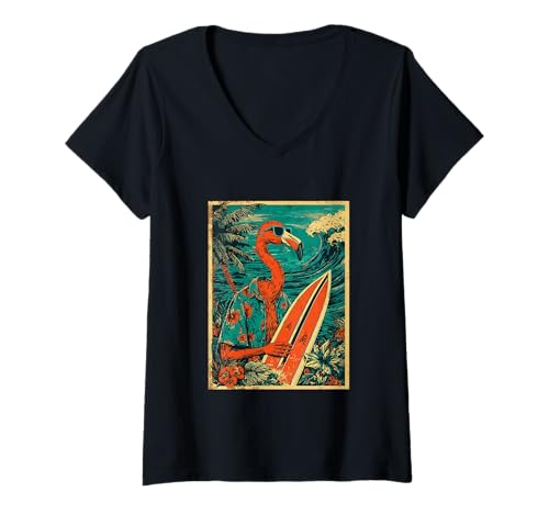 Damen Retro Surfen Flamingo Surfer Hawaii Vintage Strand Sommer T-Shirt mit V-Ausschnitt Damen Retro Surfen Flamingo Surfer Hawaii Vintage Strand Sommer T-Shirt mit V-Ausschnitt von Retro Surfer Animals with Sunglasses Gifts