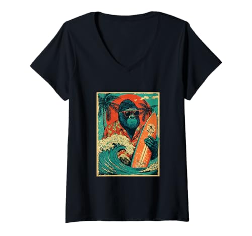 Damen Retro Surfen Gorilla Surfer Hawaii Vintage Strand Sommer T-Shirt mit V-Ausschnitt Damen Retro Surfen Gorilla Surfer Hawaii Vintage Strand Sommer T-Shirt mit V-Ausschnitt von Retro Surfer Animals with Sunglasses Gifts