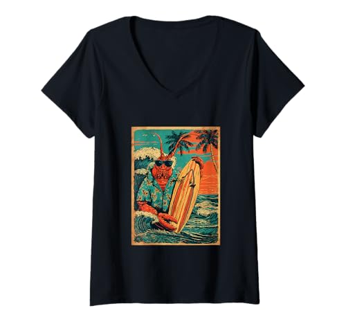 Damen Retro Surfen Hummer Surfer Hawaii Vintage Strand Sommer T-Shirt mit V-Ausschnitt Damen Retro Surfen Hummer Surfer Hawaii Vintage Strand Sommer T-Shirt mit V-Ausschnitt von Retro Surfer Animals with Sunglasses Gifts