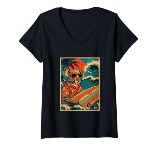 Damen Retro Surfen Koala Surfer Hawaii Vintage Strand Sommer T-Shirt mit V-Ausschnitt Damen Retro Surfen Koala Surfer Hawaii Vintage Strand Sommer T-Shirt mit V-Ausschnitt von Retro Surfer Animals with Sunglasses Gifts