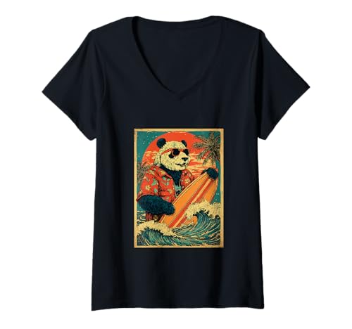 Damen Retro Surfen Panda Bär Surfer Hawaii Tier Strand Sommer T-Shirt mit V-Ausschnitt Damen Retro Surfen Panda Bär Surfer Hawaii Tier Strand Sommer T-Shirt mit V-Ausschnitt von Retro Surfer Animals with Sunglasses Gifts