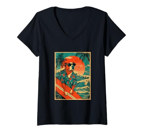 Damen Retro Surfen Pit Bull Surfer Hund Vintage Hawaii Sommer T-Shirt mit V-Ausschnitt von Retro Surfer Animals with Sunglasses Gifts