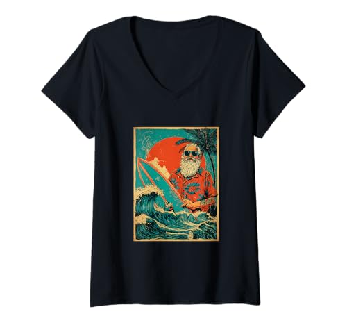 Damen Retro Surfen Santa Hawaii Weihnachten Strand Sommer Weihnachten T-Shirt mit V-Ausschnitt Damen Retro Surfen Santa Hawaii Weihnachten Strand Sommer Weihnachten T-Shirt mit V-Ausschnitt von Retro Surfer Animals with Sunglasses Gifts