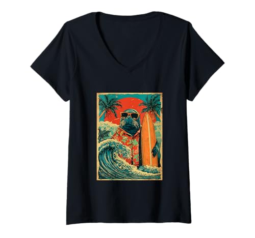 Damen Retro Surfen Seal Surfer Hawaii Vintage Strand Sommer Surf T-Shirt mit V-Ausschnitt Damen Retro Surfen Seal Surfer Hawaii Vintage Strand Sommer Surf T-Shirt mit V-Ausschnitt von Retro Surfer Animals with Sunglasses Gifts