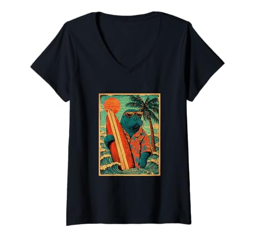 Damen Retro Surfen Seekuh Hawaii Vintage Strand Sommer Surfer T-Shirt mit V-Ausschnitt Damen Retro Surfen Seekuh Hawaii Vintage Strand Sommer Surfer T-Shirt mit V-Ausschnitt von Retro Surfer Animals with Sunglasses Gifts