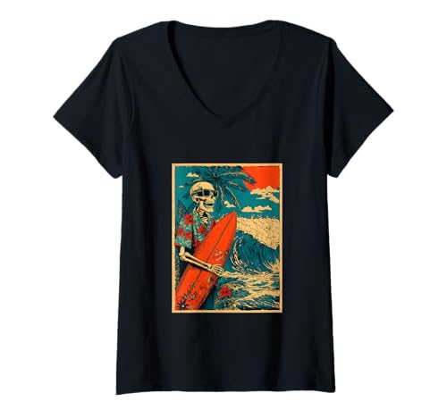 Damen Retro Surfen Skelett Surfer Hawaii Strand Surf Summerween T-Shirt mit V-Ausschnitt Damen Retro Surfen Skelett Surfer Hawaii Strand Surf Summerween T-Shirt mit V-Ausschnitt von Retro Surfer Animals with Sunglasses Gifts