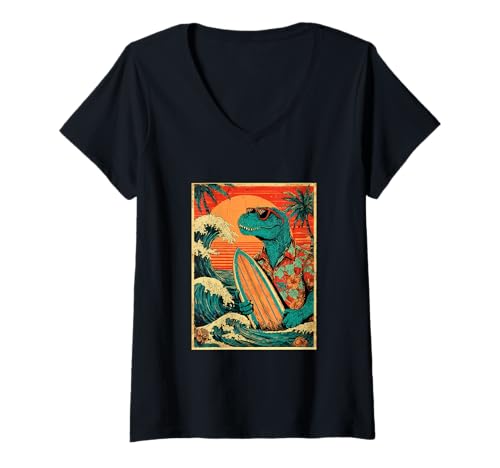 Damen Retro Surfen Tyrannosaurus Hawaii Sommer Dinosaurier Surfer T-Shirt mit V-Ausschnitt von Retro Surfer Animals with Sunglasses Gifts