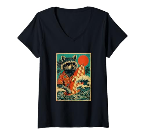 Damen Retro Surfen Waschbär Surfer Hawaii Vintage Strand Sommer T-Shirt mit V-Ausschnitt Damen Retro Surfen Waschbär Surfer Hawaii Vintage Strand Sommer T-Shirt mit V-Ausschnitt von Retro Surfer Animals with Sunglasses Gifts