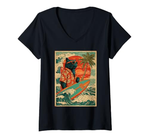 Damen Retro Surfer Katze Surfer Hawaii Vintage Strand Sommer Motiv T-Shirt mit V-Ausschnitt Damen Retro Surfer Katze Surfer Hawaii Vintage Strand Sommer Motiv T-Shirt mit V-Ausschnitt von Retro Surfer Animals with Sunglasses Gifts