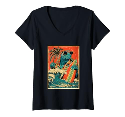 Damen Schildkröte Surfer Tier Surfen Hawaii Retro Sonnenuntergang Sommer T-Shirt mit V-Ausschnitt von Retro Surfer Animals with Sunglasses Gifts