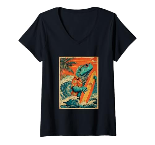 Damen Surfen Leguan Surfer Retro Sonnenuntergang Hawaii Strand Sommer T-Shirt mit V-Ausschnitt Damen Surfen Leguan Surfer Retro Sonnenuntergang Hawaii Strand Sommer T-Shirt mit V-Ausschnitt von Retro Surfer Animals with Sunglasses Gifts