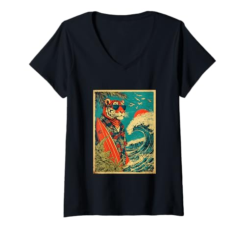 Damen Tiger Surfer Tier Surfen Hawaii Sonnenuntergang Strand Sommer T-Shirt mit V-Ausschnitt Damen Tiger Surfer Tier Surfen Hawaii Sonnenuntergang Strand Sommer T-Shirt mit V-Ausschnitt von Retro Surfer Animals with Sunglasses Gifts