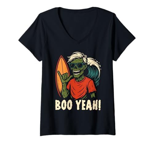 Damen Boo Yeah Shaka Schild Zombie Surfer Halloween Surfen T-Shirt mit V-Ausschnitt Damen Boo Yeah Shaka Schild Zombie Surfer Halloween Surfen T-Shirt mit V-Ausschnitt von Retro Surfer Shaka Sign Undead Halloween Design