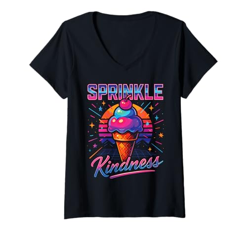 Damen Sprinkle Kindness 80s Ice Cream Vaporwave Style T-Shirt mit V-Ausschnitt Damen Sprinkle Kindness 80s Ice Cream Vaporwave Style T-Shirt mit V-Ausschnitt von Retro Synthwave Ice Cream Cone Positivity Art