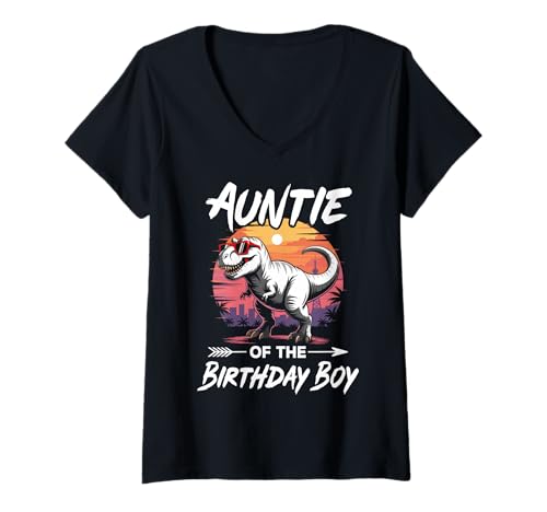 Damen Auntie of The Birthday Party Outfit Dinosaurier Squad Auntie T-Shirt mit V-Ausschnitt von Retro T-Rex Birthday Boy Family Outfits Dinosaur