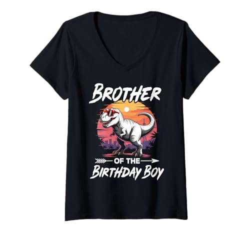 Damen Bruder des Geburtstags Party Outfit Dinosaurier Squad Bruder T-Shirt mit V-Ausschnitt von Retro T-Rex Birthday Boy Family Outfits Dinosaur